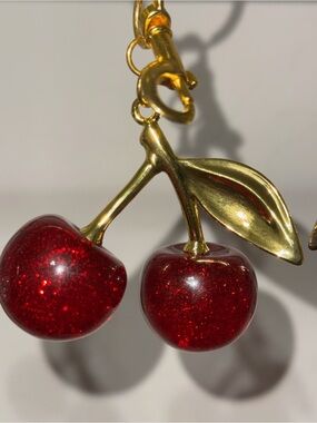 Gold Cherry Dangle Charm with Sparkling Red Enamel Cherries